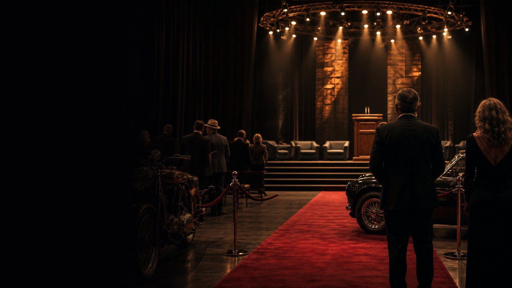 A live collector auction hall prepared with a red carpet, stage, classic car and motorcycle