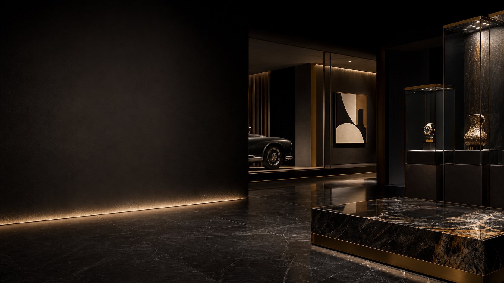A private collector vault with a classic vehicle, artwork, watch and decorative object