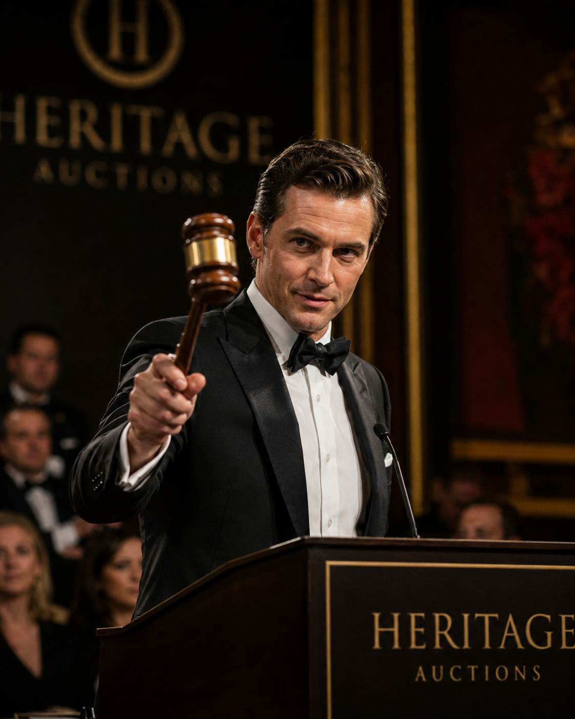 Auctioneer addressing guests at a formal collector event